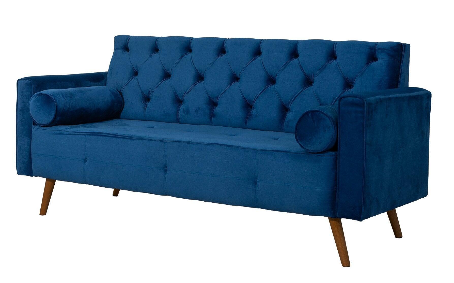 Sofá Fixo Kalanchoe 1,83M Veludo- Base Madeira Larvig E Azul Navy