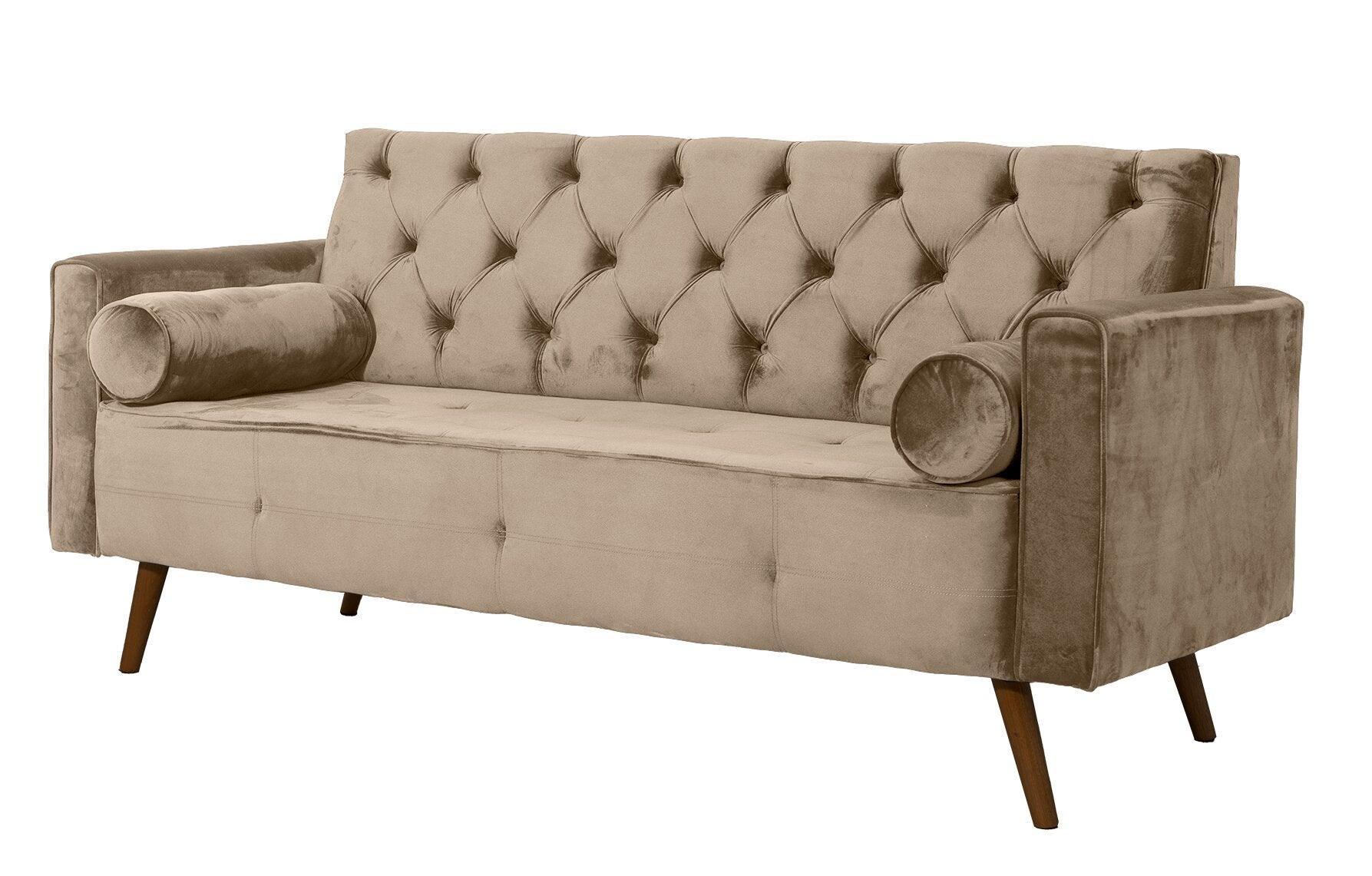 Sofá Fixo Kalanchoe 1,83M Veludo- Base Madeira Larvig E Bege