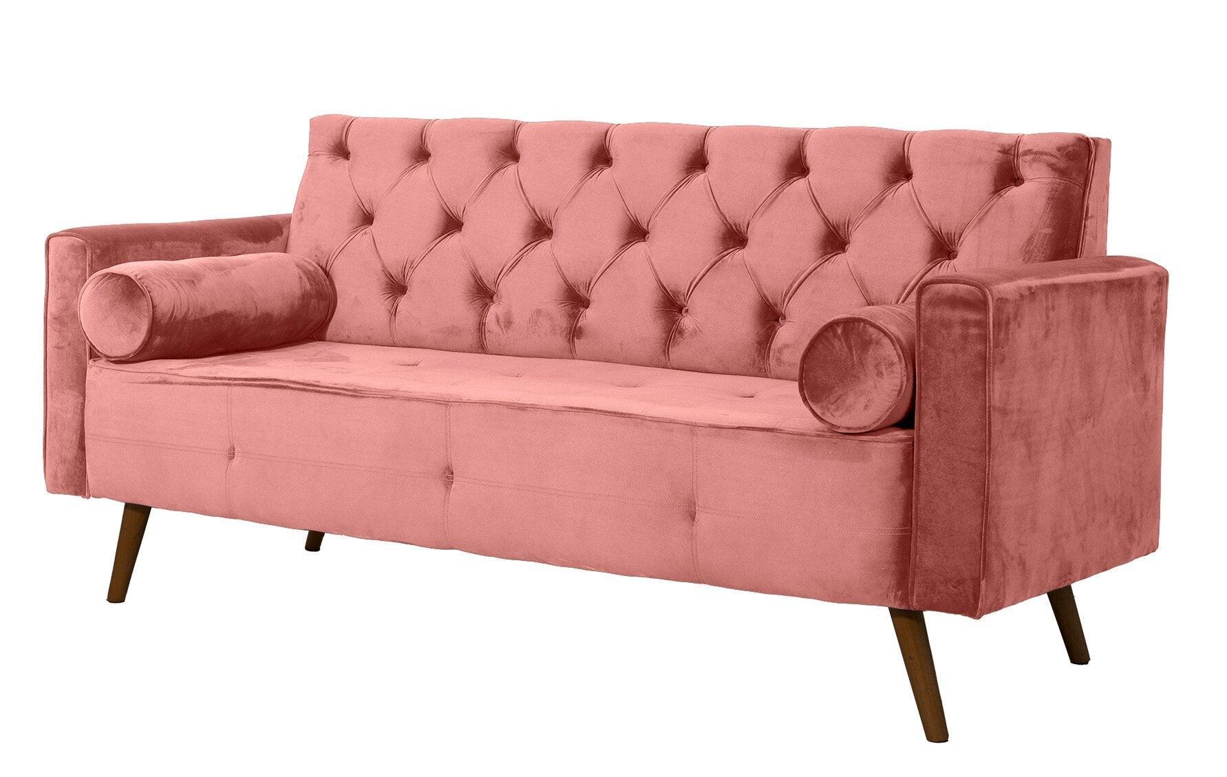 Sofá Fixo Kalanchoe 1,83M Veludo- Base Madeira Larvig E Rosa Antigo