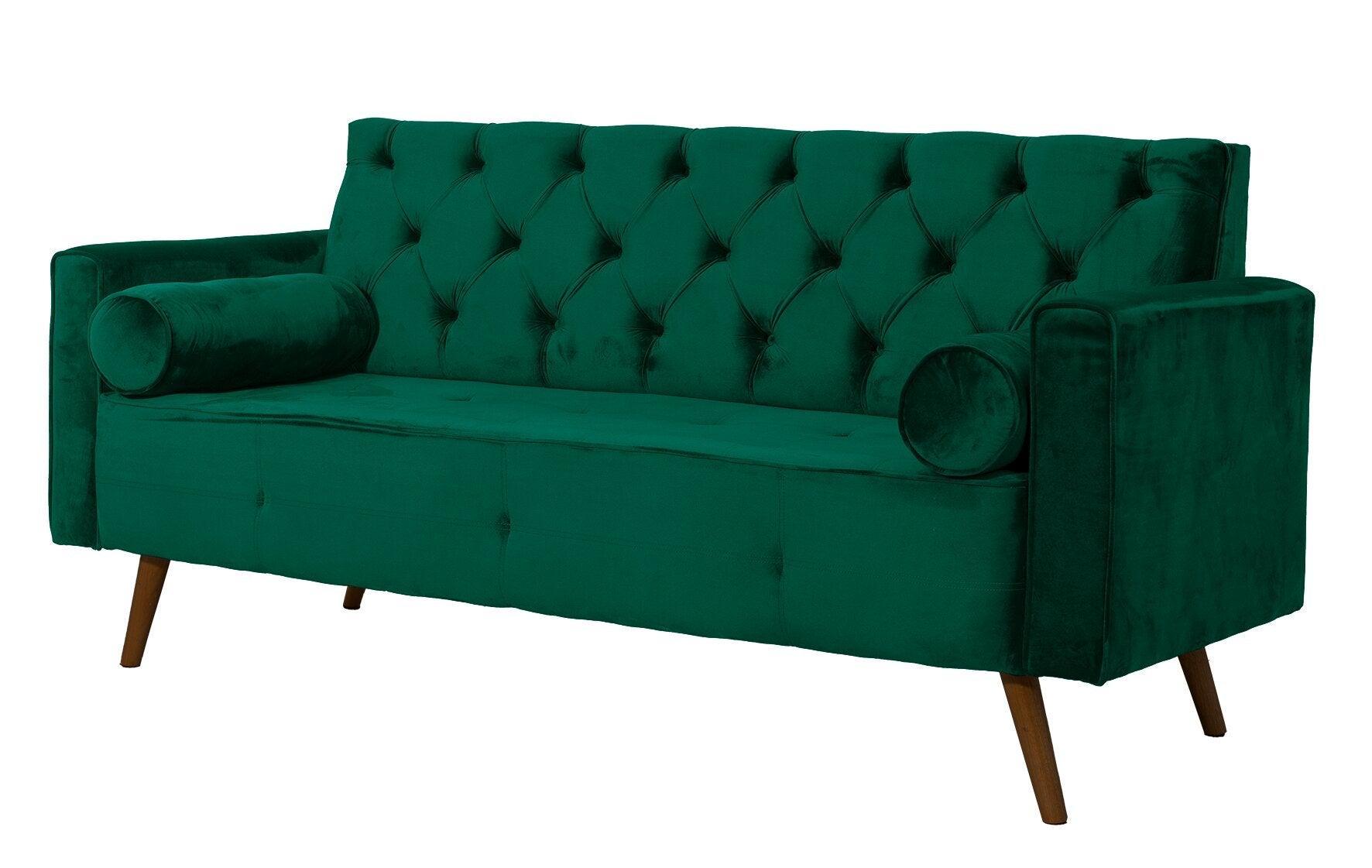 Sofá Fixo Kalanchoe 1,83M Veludo- Base Madeira Larvig E Verde Esmeralda